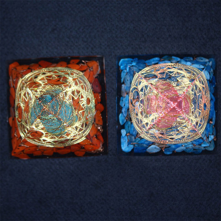 Piramide di Orgone in Quarzo Rosso Olivenorma con Lapislazzuli 
