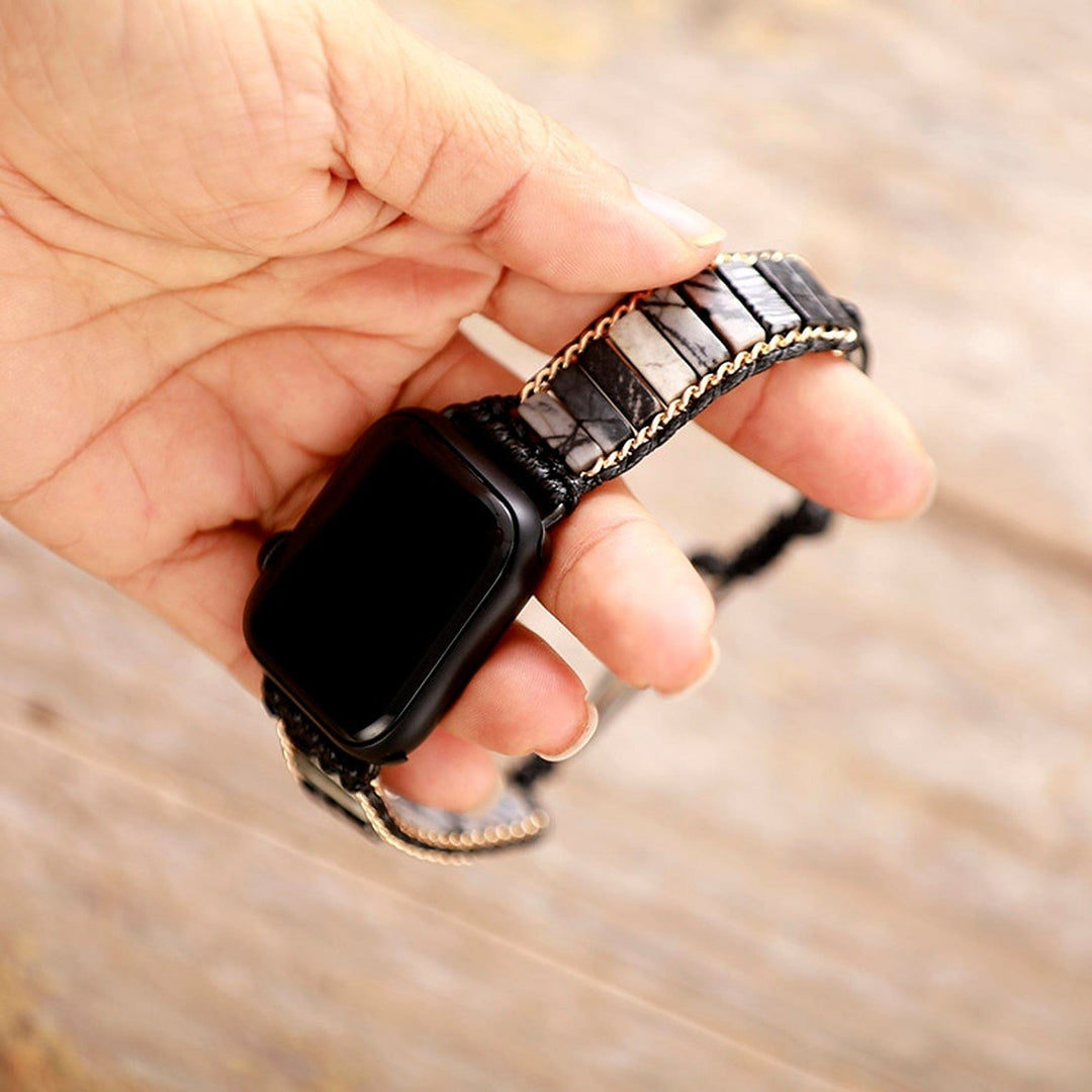 Cinturino avvolgente per Apple Watch Olivenorma in diaspro nero con perline 