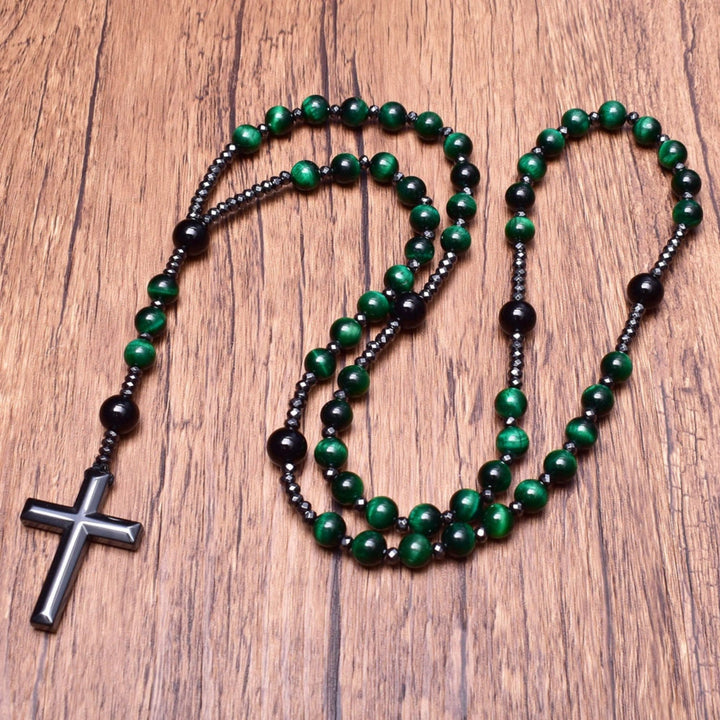 Collana rosario da uomo con croce in lapislazzuli e occhio di tigre Olivenorma
