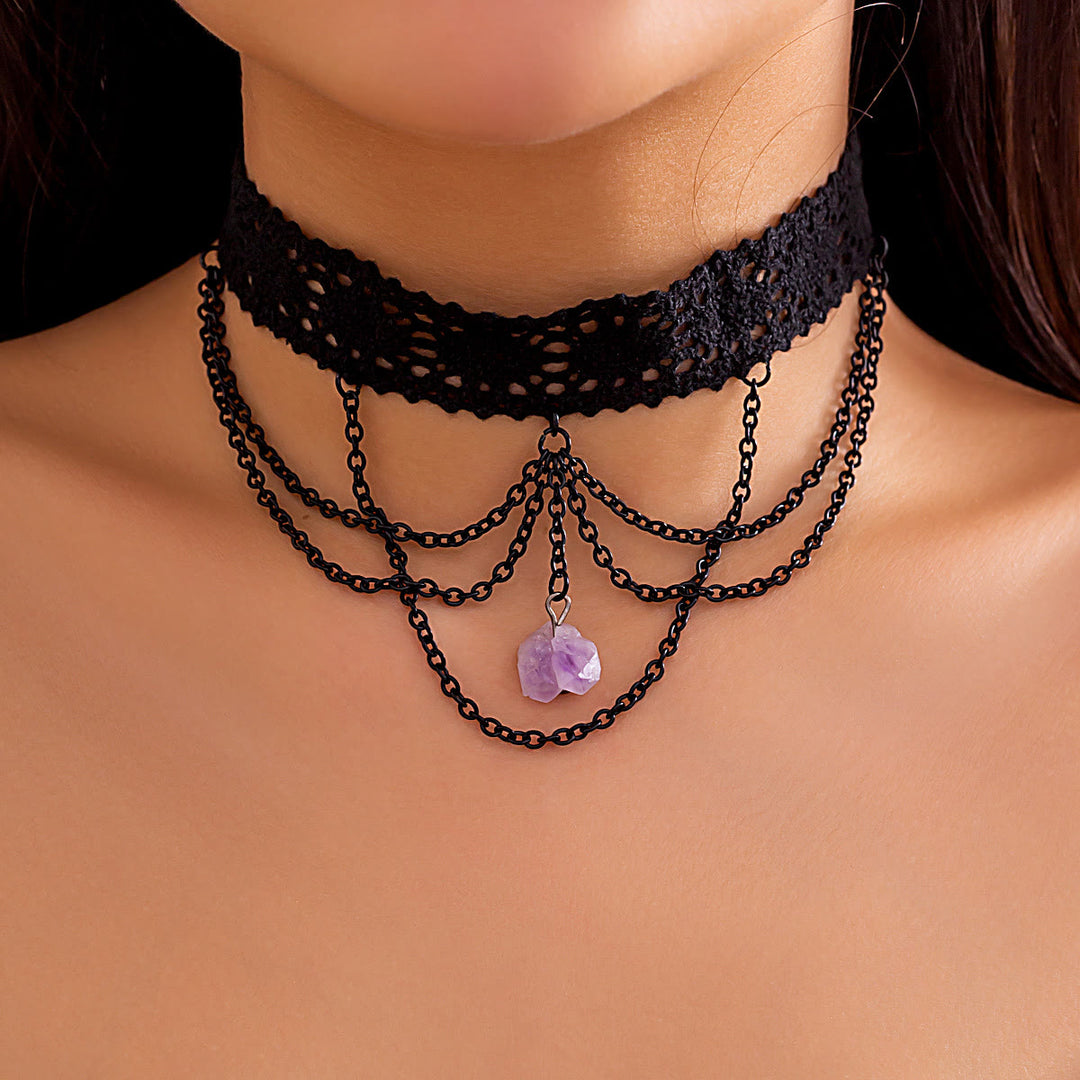 Collana girocollo in pizzo gotico di Halloween con ametista Olivenorma 
