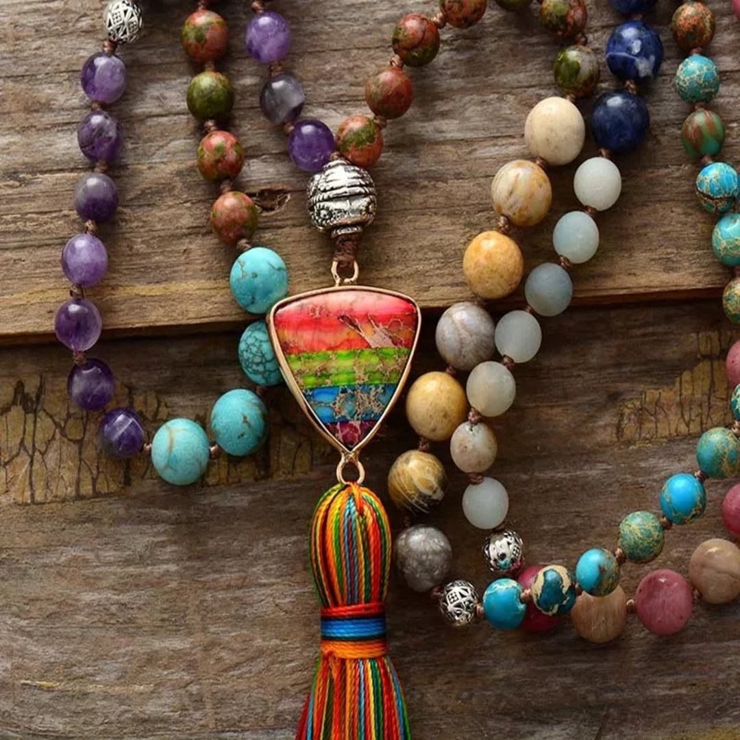 Olivenorma Splendido ciondolo Mala con triangolo chakra in pietre naturali