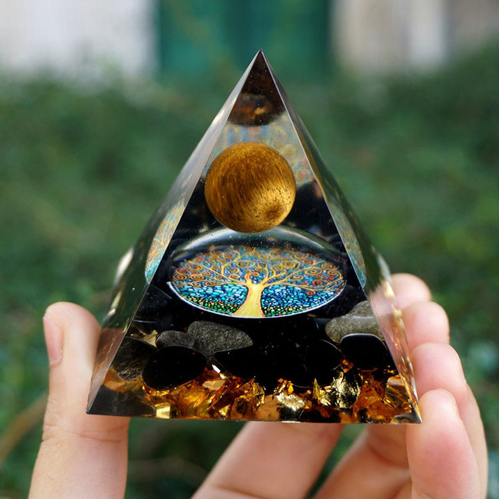 Sfera di occhio di tigre Olivenorma e piramide di protezione in ossidiana