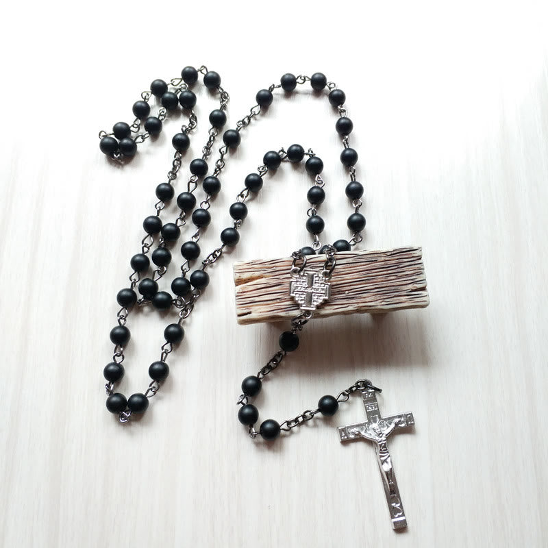 Collana rosario con croce in onice nero spazzolato Olivenorma