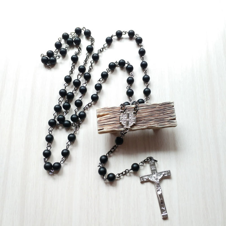Collana rosario con croce in onice nero spazzolato Olivenorma