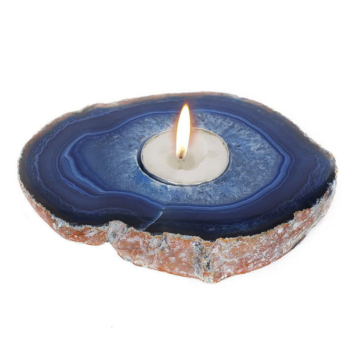 Portacandele a fetta di agata blu naturale