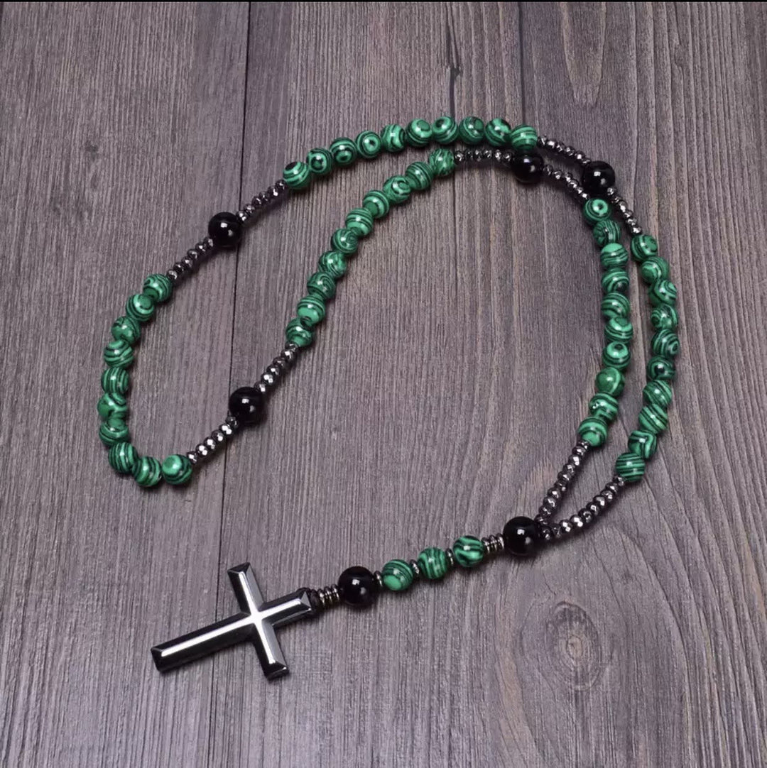 Collana con ciondolo rosario in pietra naturale cattolica Olivenorma Cross