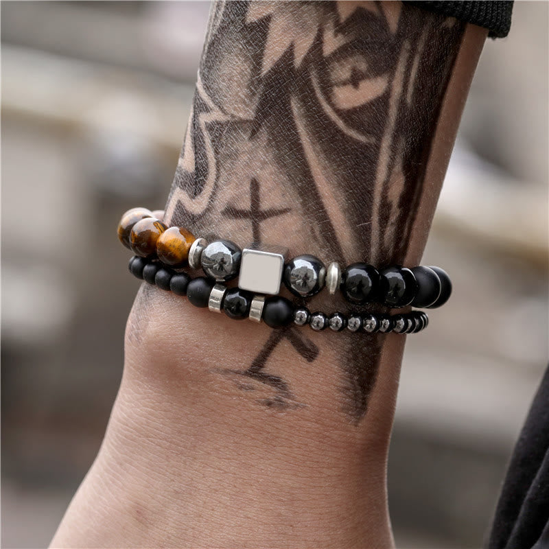 Olivenorma Set di bracciali elastici con cubo nero in occhio di tigre satinato
