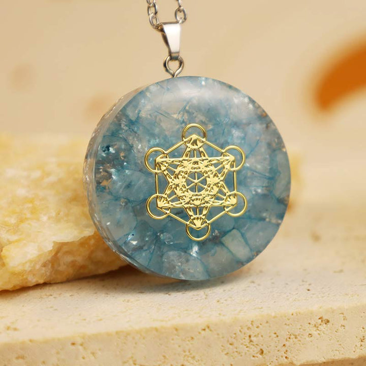 Collana energetica del cubo di Metatron in acquamarina