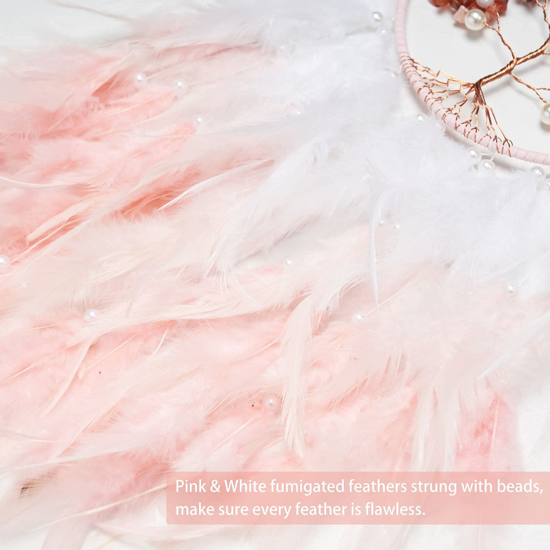 Olivenorma Crystal Tree of Life Acchiappasogni con piume rosa