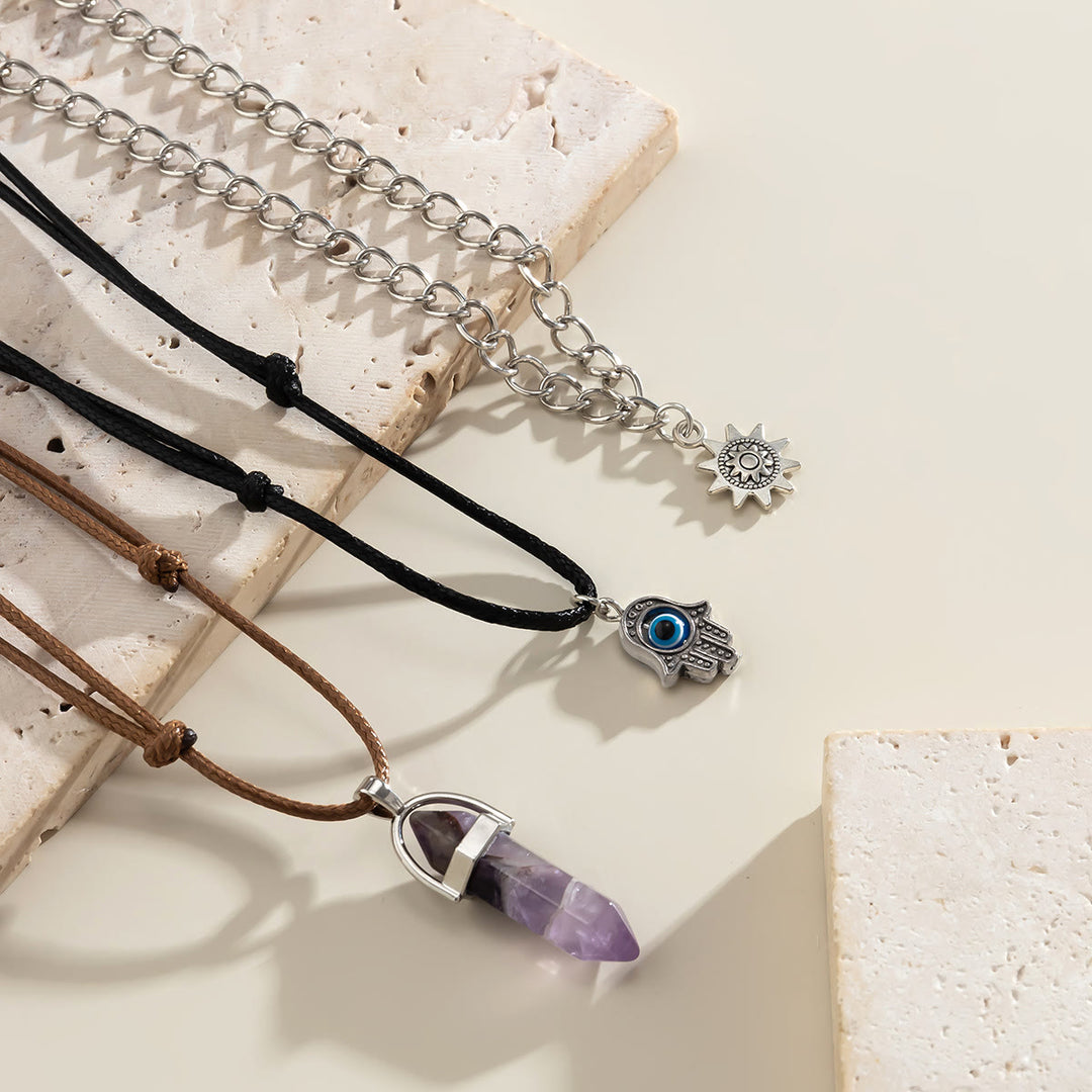 Set di collana Olivenorma multistrato retrò Hamsa Evil Eye e Sun Ametista Colonna 