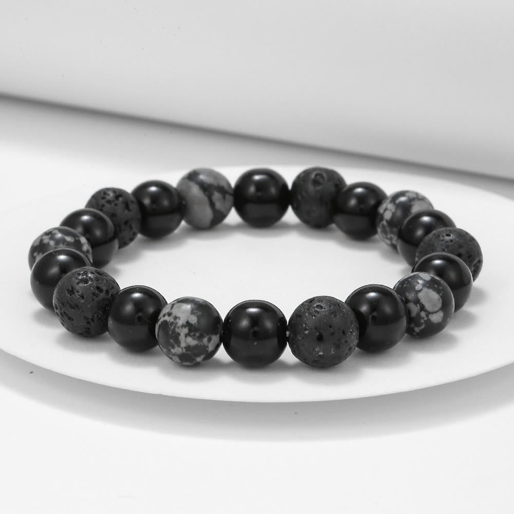 Bracciale da uomo con perline in pietra lavica, ossidiana e fiocco di neve di onice nero Olivenorma
