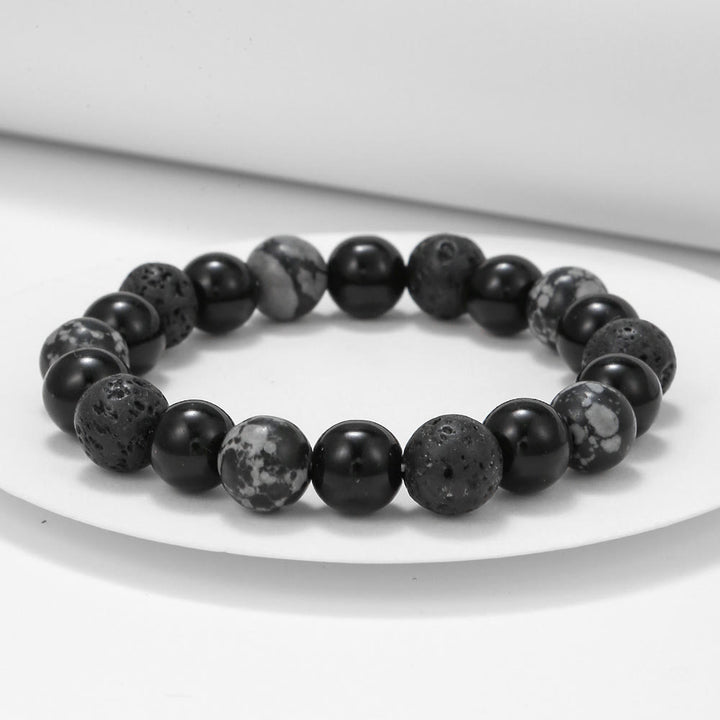 Bracciale da uomo con perline in pietra lavica, ossidiana e fiocco di neve di onice nero Olivenorma