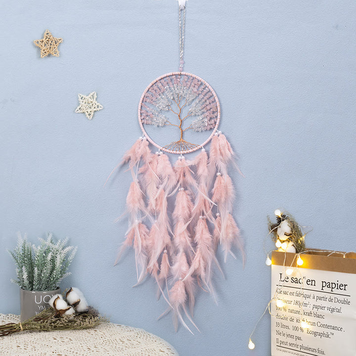 Olivenorma Crystal Tree of Life Acchiappasogni con piume rosa