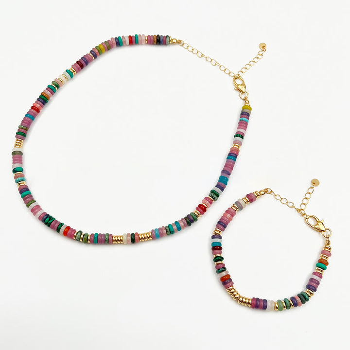 Olivenorma Boho Style Misto Cristallo Rotondo Perline Bracciale Collana Pietre Preziose