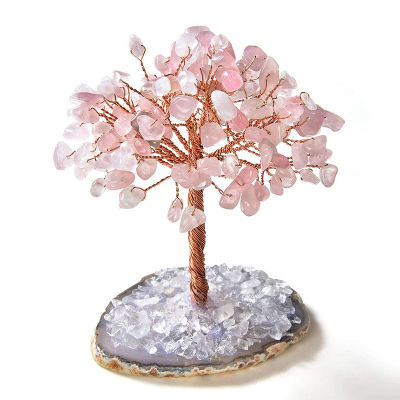 Albero Feng Shui in quarzo rosa Olivenorma con pietra preziosa naturale e base in agata