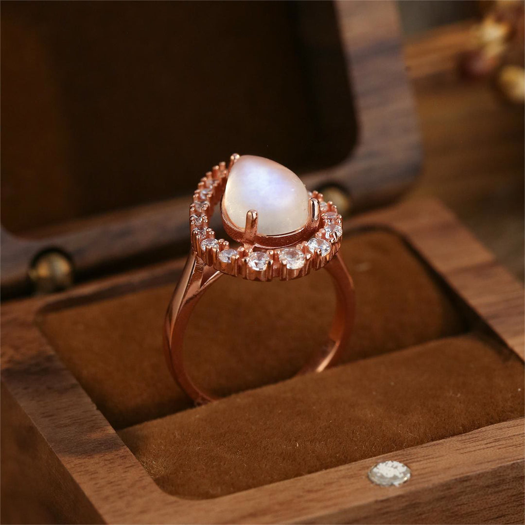Anello Olivenorma Water Drop Moonstone Zircone bianco S925 in oro rosa 