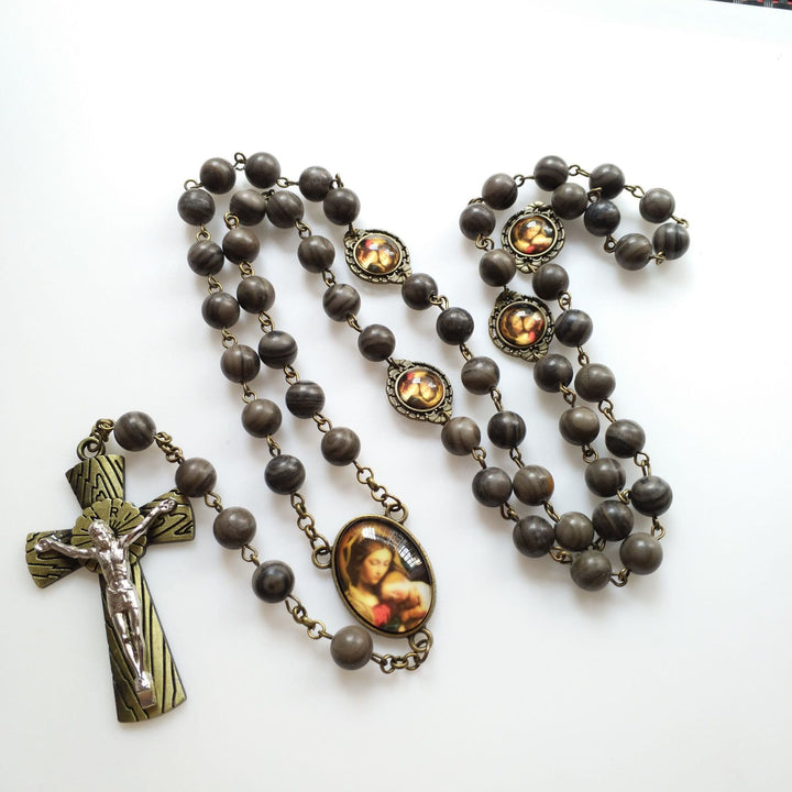 Olivenorma Collana con Croce e Rosario in Legno Nero con Medaglia Sacra 