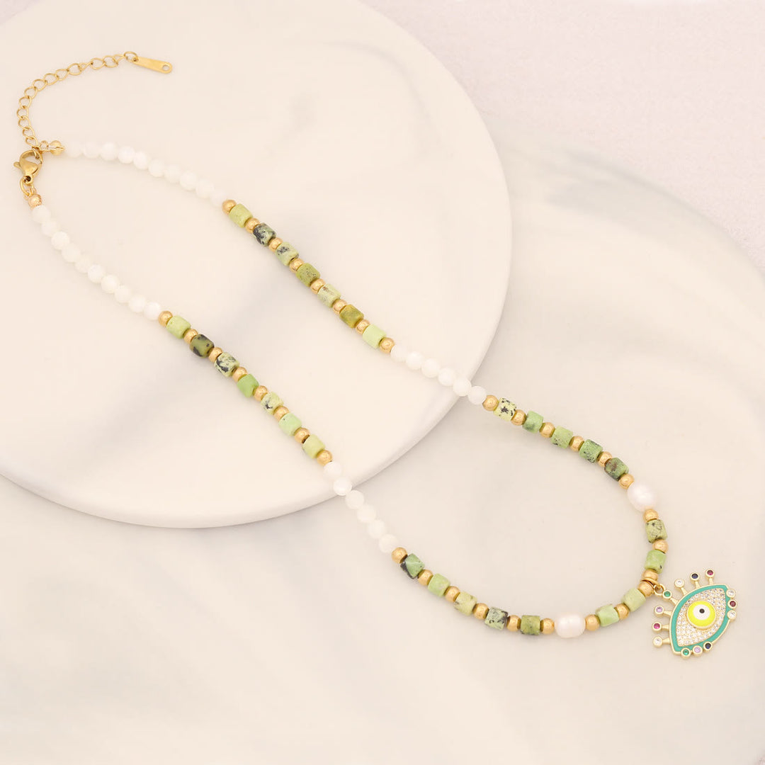 Collana con ciondolo in pietra di cristallo di perle naturali Olivenorma con occhio malvagio