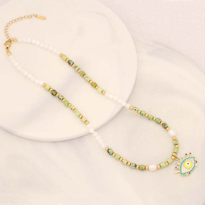 Collana con ciondolo in pietra di cristallo di perle naturali Olivenorma con occhio malvagio