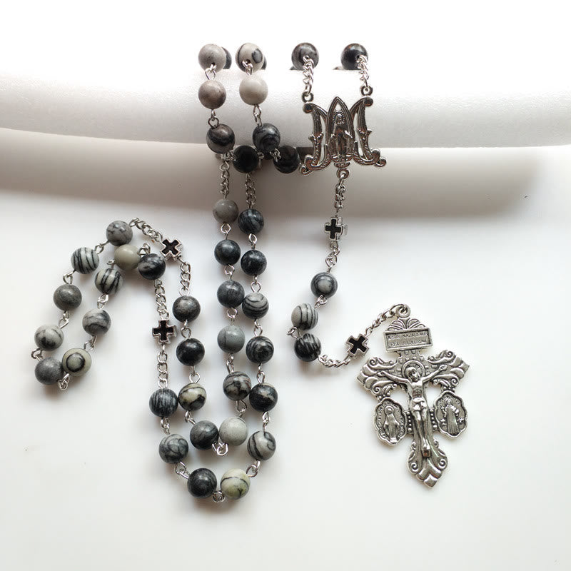 Collana rosario Olivenorma in agata nera con croce della Santa Madre