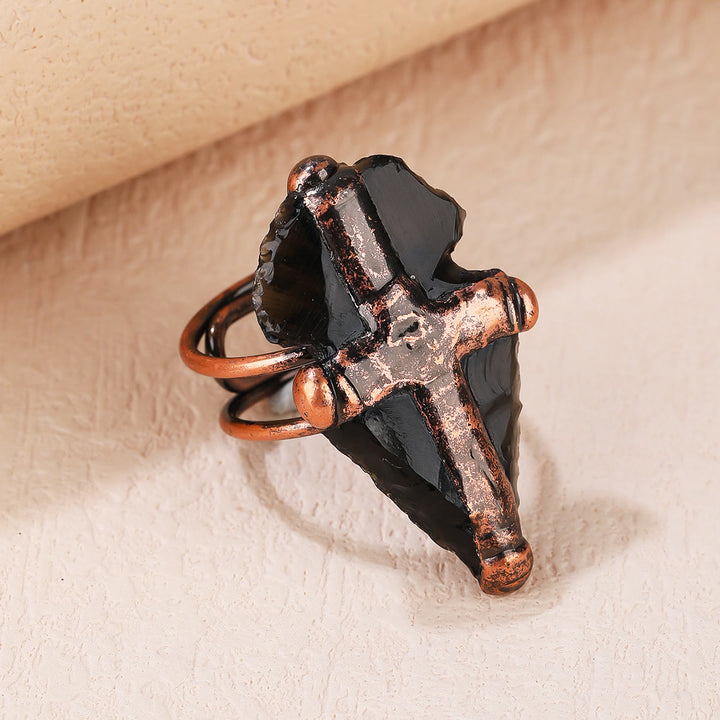 Anello a forma di croce con scudo in ossidiana naturale Olivenorma
