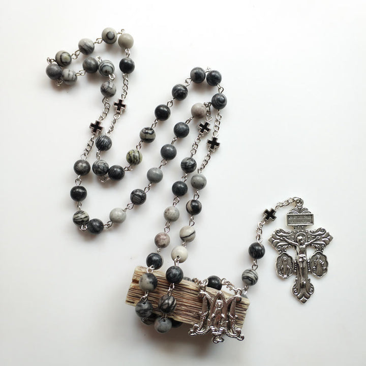 Collana rosario Olivenorma in agata nera con croce della Santa Madre