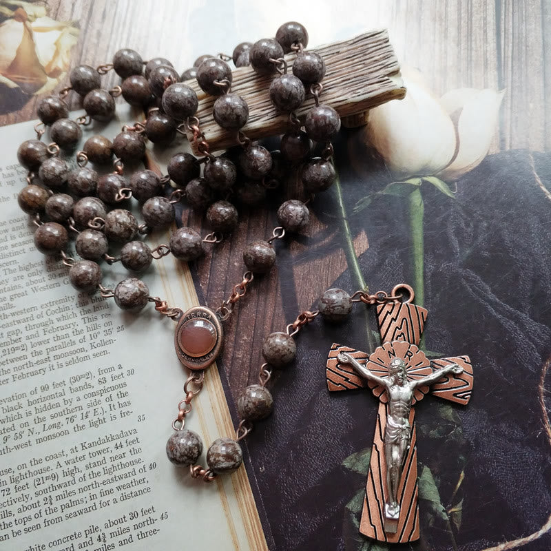Collana rosario con croce di Gesù in ossidiana fiocco di neve Olivenorma