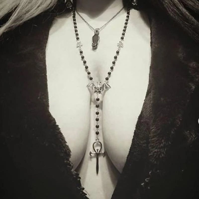 Collana con rosario e croce pipistrello "Vampiro misterioso" Olivenorma