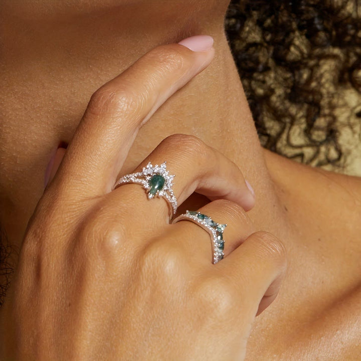 Anello in argento sterling 925 con corona di zirconi bianchi e agata muschiata Olivenorma