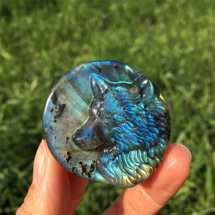 Decorazione in pietra preziosa totem di lupo labradorite naturale Olivenorma 