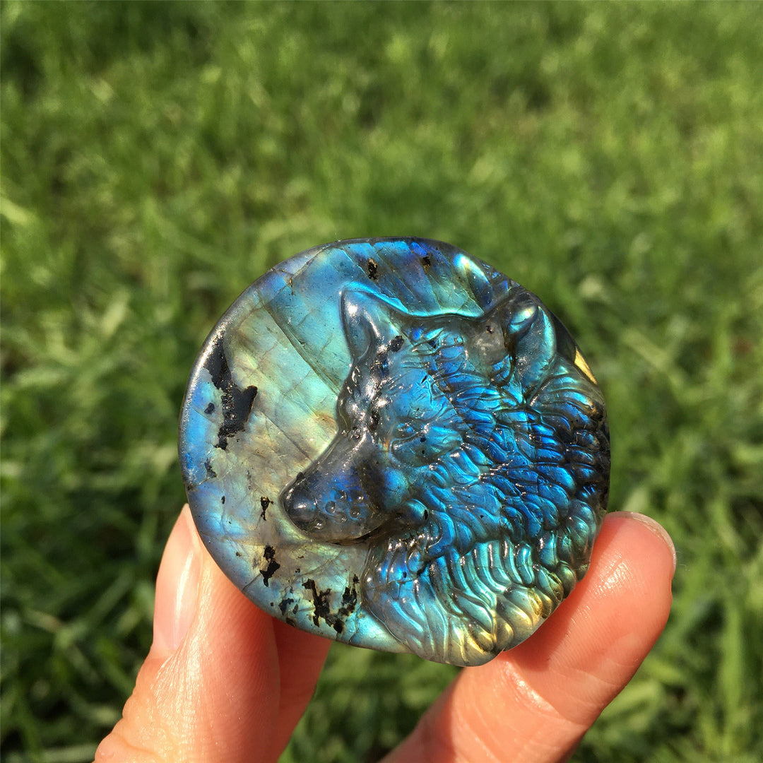 Decorazione in pietra preziosa totem di lupo labradorite naturale Olivenorma 