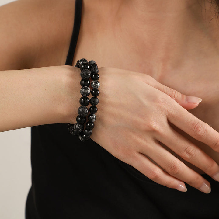 Bracciale da uomo con perline in pietra lavica, ossidiana e fiocco di neve di onice nero Olivenorma