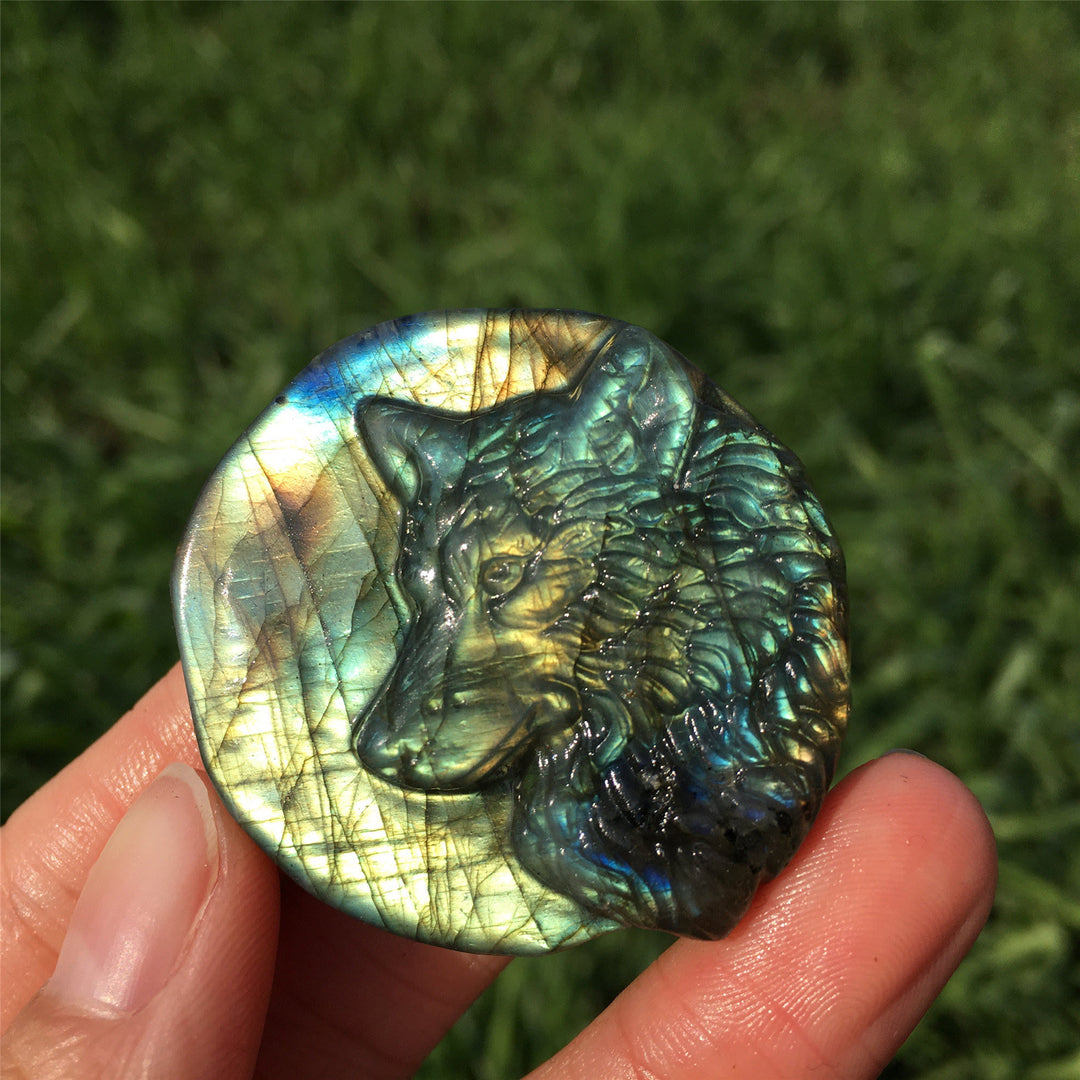 Decorazione in pietra preziosa totem di lupo labradorite naturale Olivenorma 