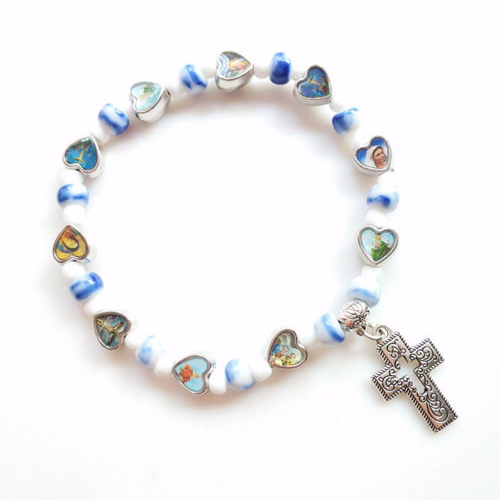 Olivenormacolorful Braccialetto con croce cristiana in pietra naturale 