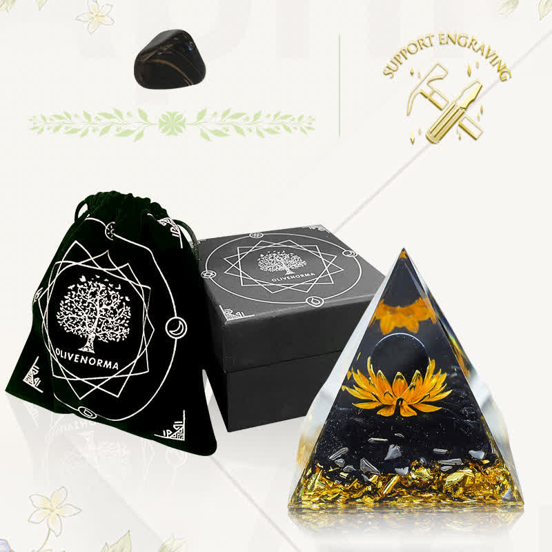 Olivenorma "Luce nell'oscurità" - Piramide di orgone di loto in onice nero