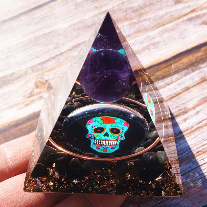 Olivenorma Ametista e Ossidiana Teschio Simbolo Piramide Orgonica 
