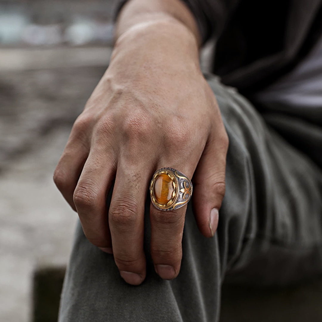 Anello da uomo Olivenorma retrò con pietra occhio di tigre grande
