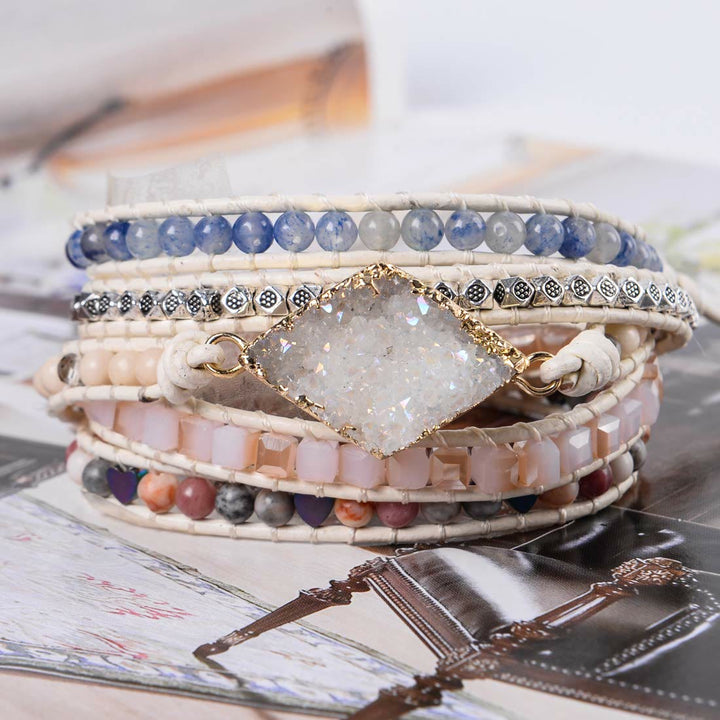 Braccialetto avvolgente fatto a mano Boho in quarzo rosa e cianite Olivenorma