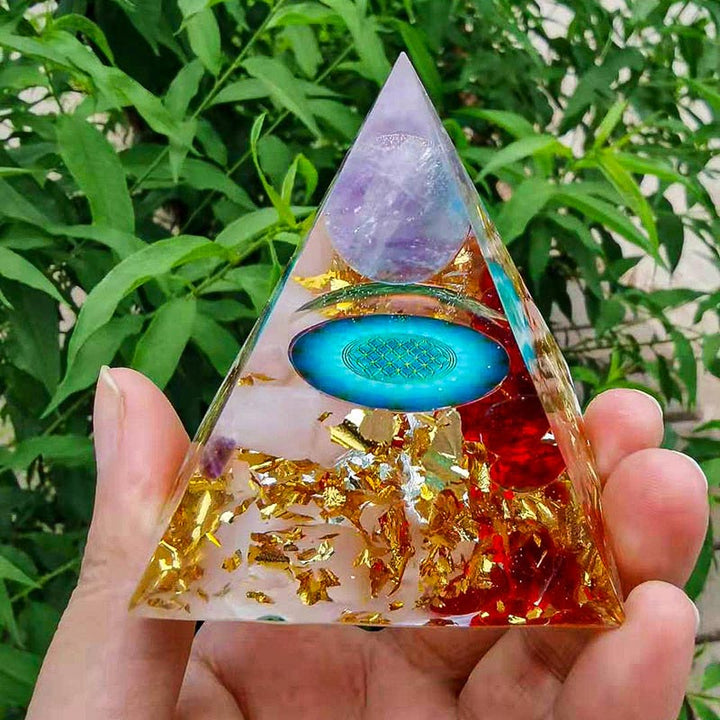 Sfera di ametista Olivenorma con piramide di cristallo rosa Orgone 