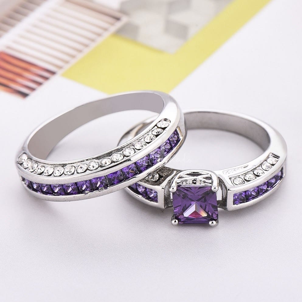 Olivenorma Ametista Zircone Bianco Anello Set Coppia di Anelli