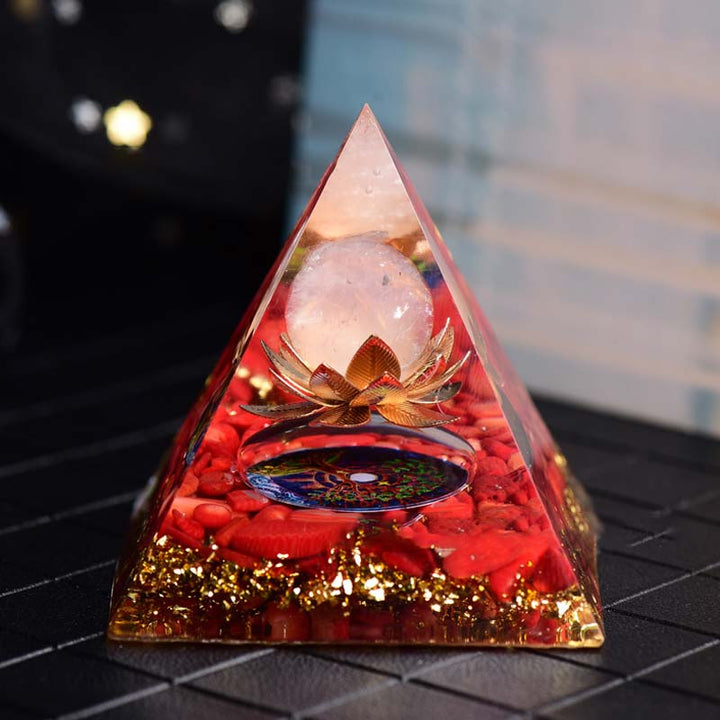 Olivenorma Corallo rosso Quarzo rosa Simbolo del loto Piramide di orgone