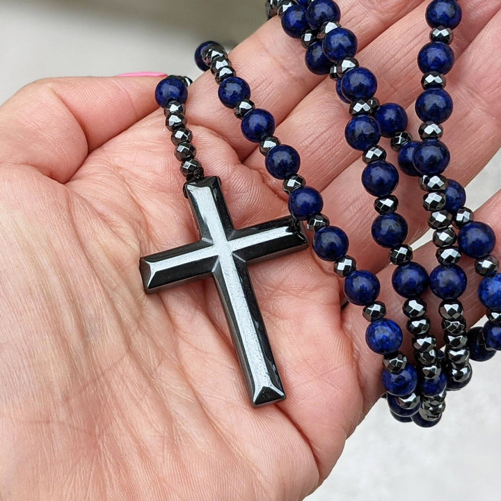 Collana rosario da uomo con croce in lapislazzuli e occhio di tigre Olivenorma