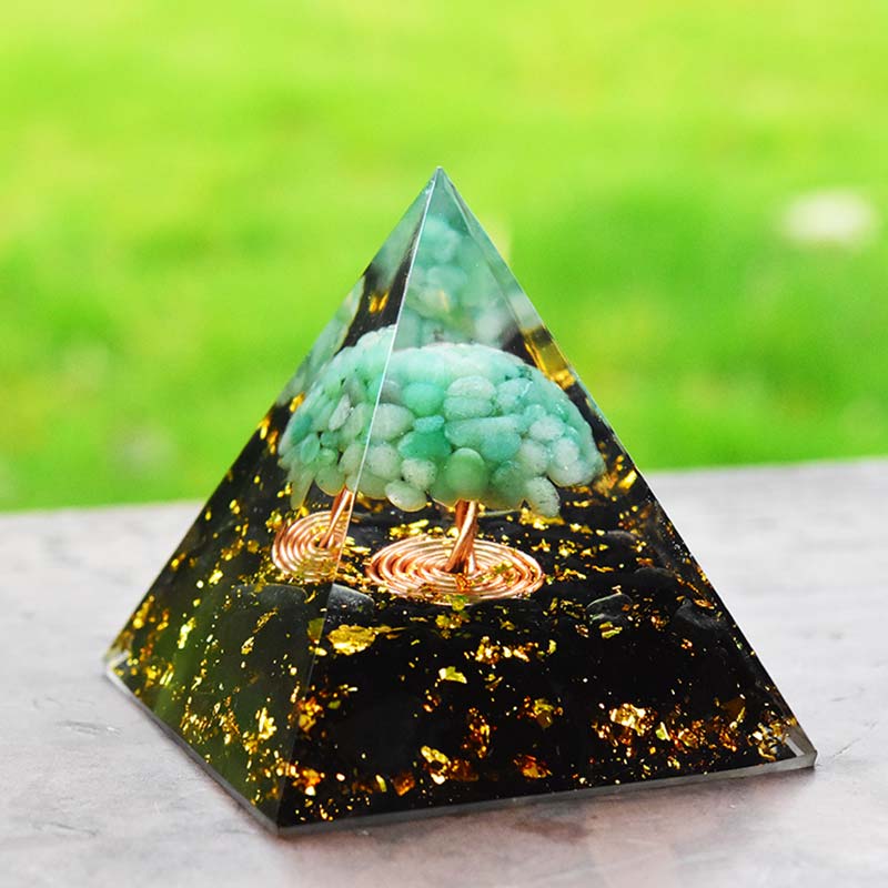 Olivenorma Avventurina verde Ossidiana Albero della vita Piramide di orgone 