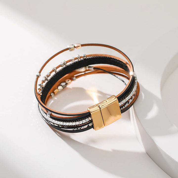 Bracciale in pelle a più livelli con foglia di zircone bianco ematite Olivenorma 