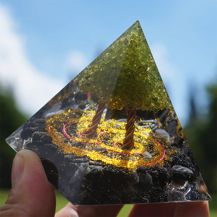 Olivenorma Peridoto con ossidiana Albero della vita Piramide di orgone 