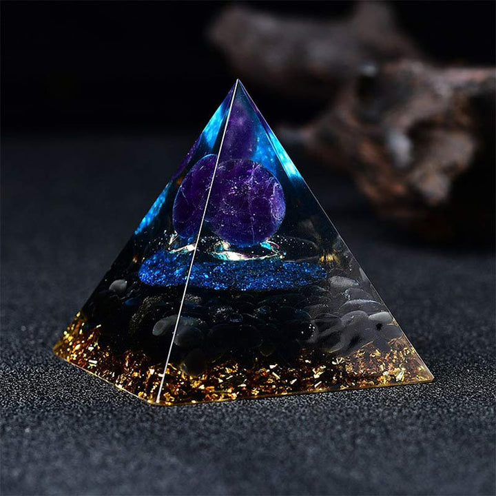 Sfera di ametista Olivenorma con piramide di quarzo blu Reki Orgone 
