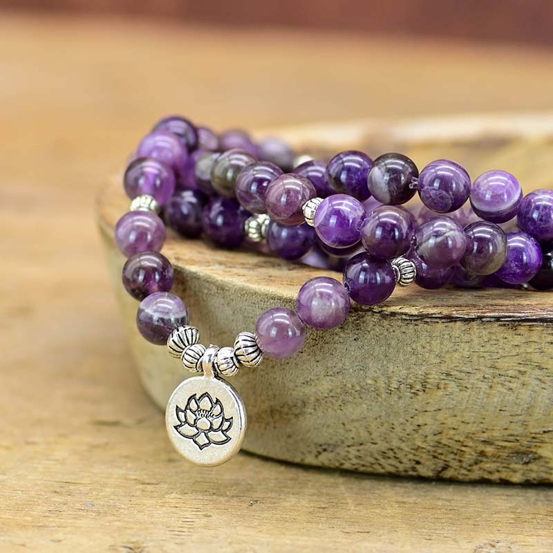 Collana Mala con simbolo di loto in ametista Olivenorma