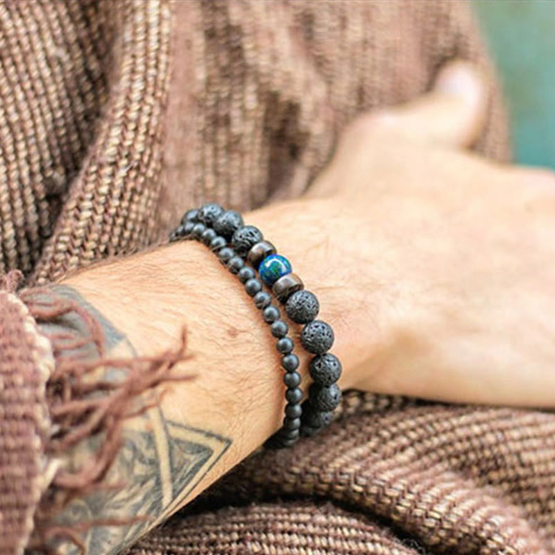 Olivenorma Bracciale da uomo in pietra naturale con perline di legno da 8 mm