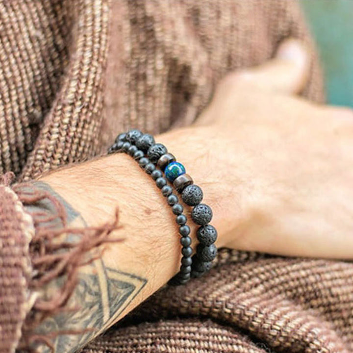 Olivenorma Bracciale da uomo in pietra naturale con perline di legno da 8 mm