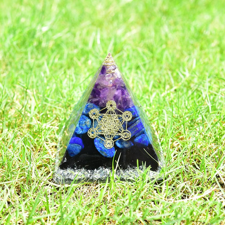 Olivenorma Ametista Lapislazzuli Tormalina nera Cubo di Metatron Simbolo Piramide di Orgone 